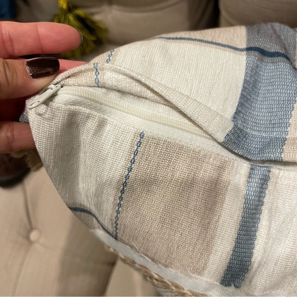 3D Jute Plaid Long Decorating Pillow 26”x15” Blue White Tan - Picture 5 of 7